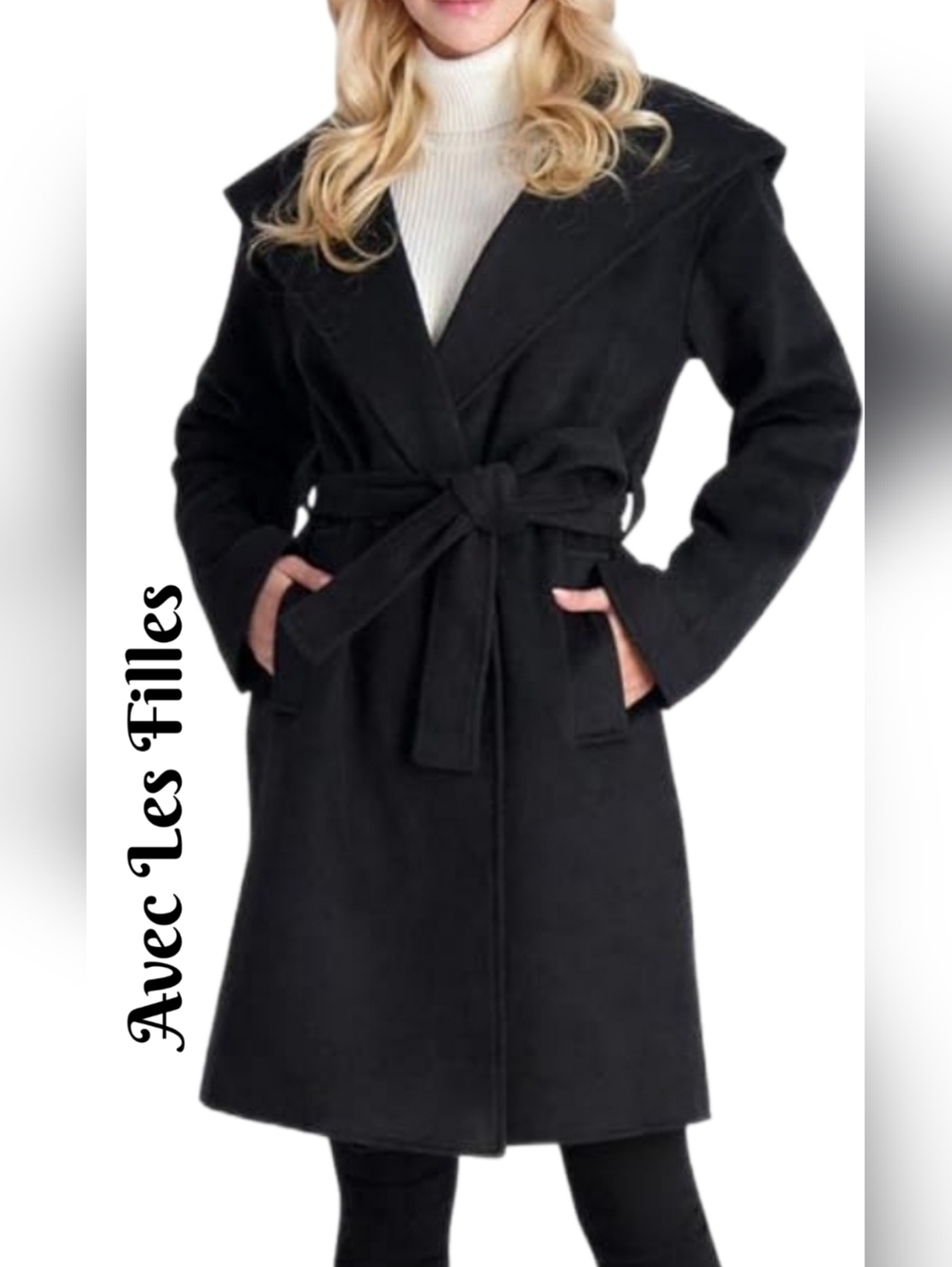 Avec Les Filles Womens Black Coat Sz M-XL Hooded Pockets Tie Waist Cuddley Warm